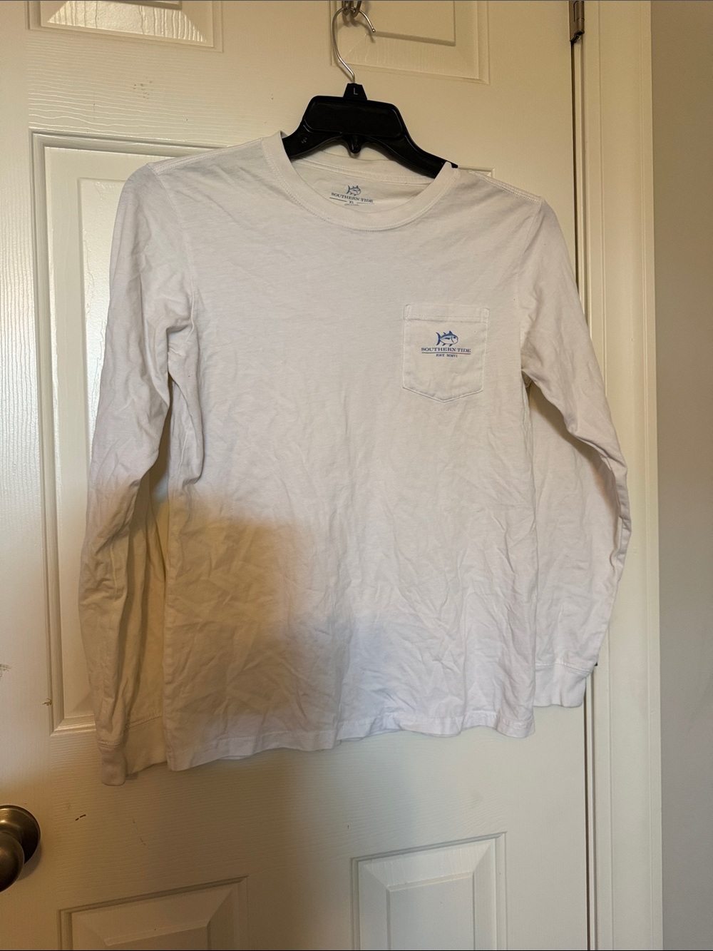 Southern Tide Kids White Long Sleeve Pocket Tee with Logo